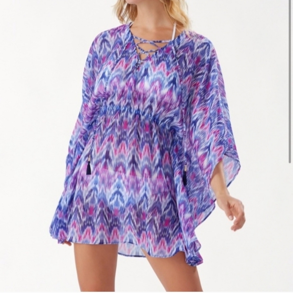 🆕 Tommy Bahama Ikat Mirage Lace Front Tunic, L/XL, Elastic Waist